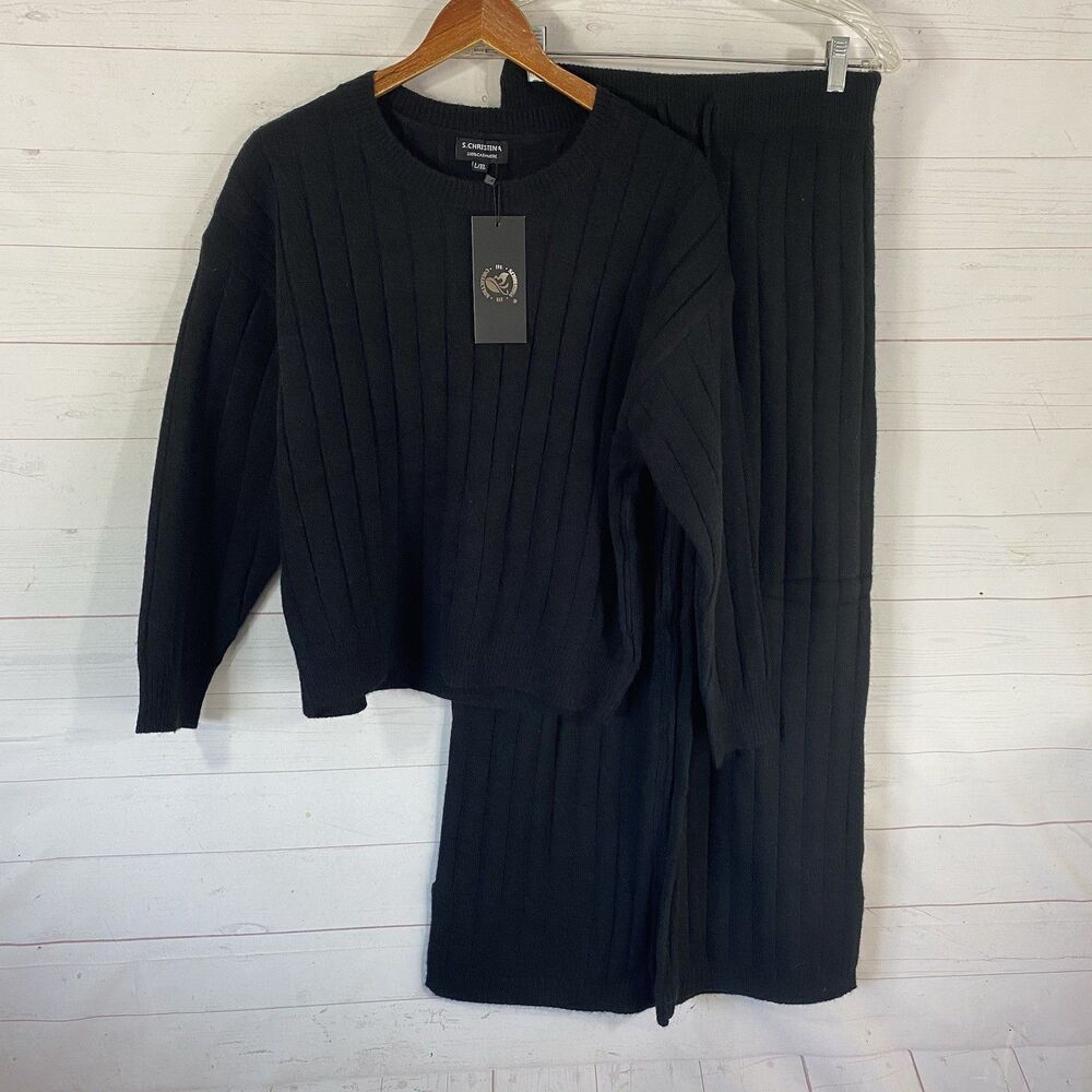 S. Christina Womens 100% Cashmere 2 Piece Sweater & Pant Set Sz L/XL Black New